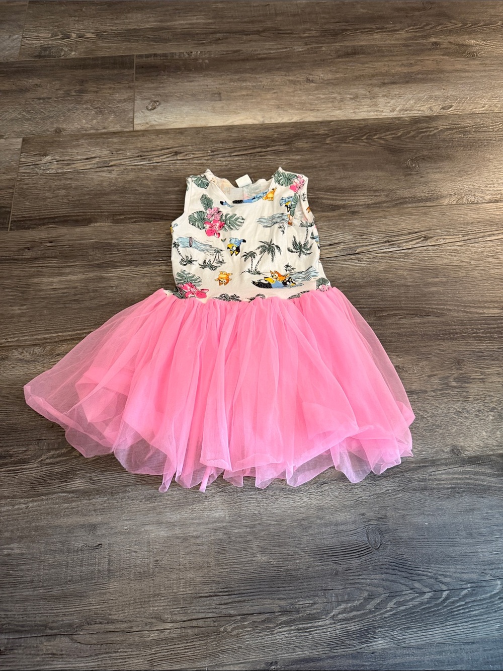 Custom Floral Palm Print Tank Top with Pink Tulle Skirt Dress